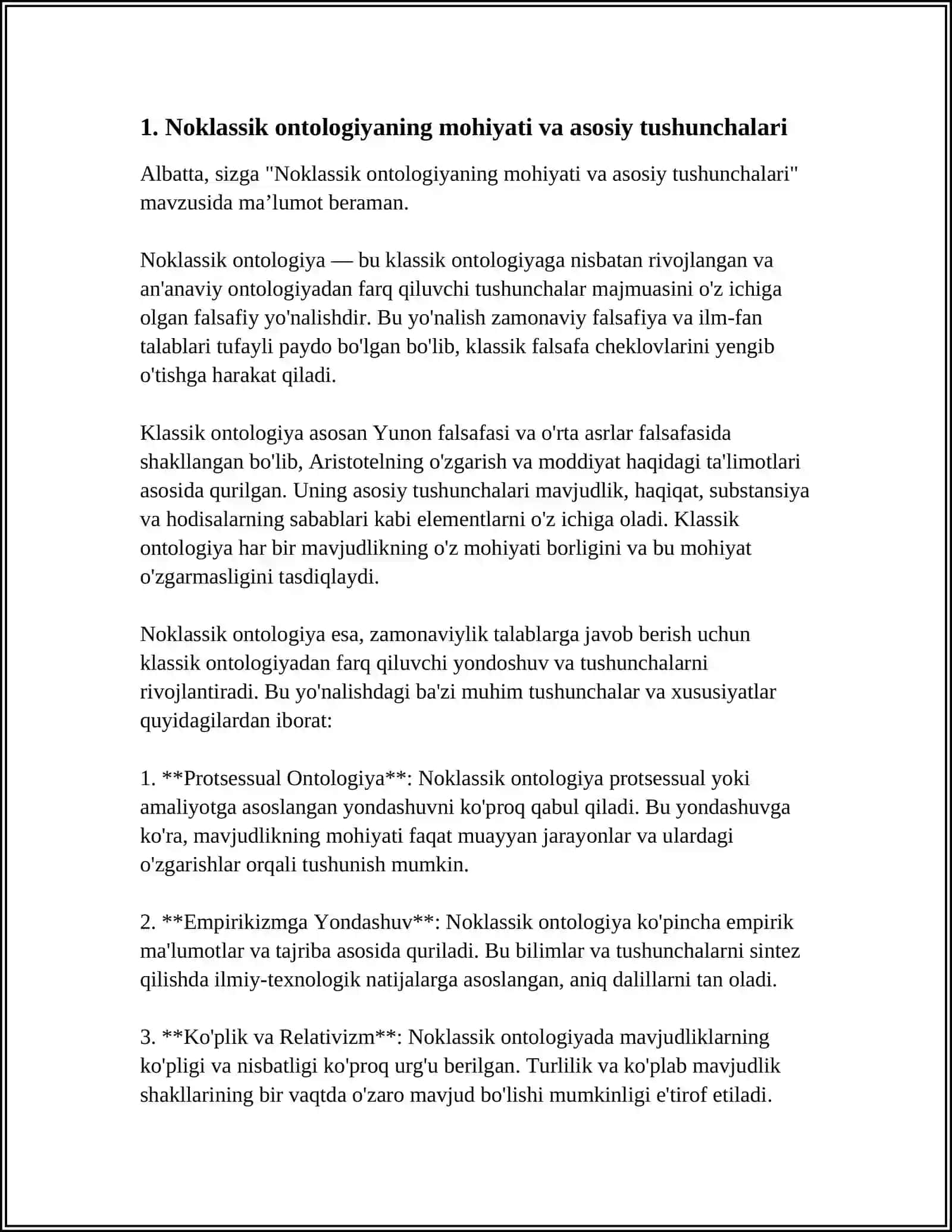 NOKLASSIK ONTOLOGIYANING YOʻNALISHLARI VA MOHIYATI BOʻYICHA ESSE TAYYORLASH 4