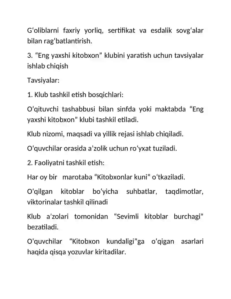 "Eng yaxshi kitobxon" klubini yaratish uchun tavsiyalar 4