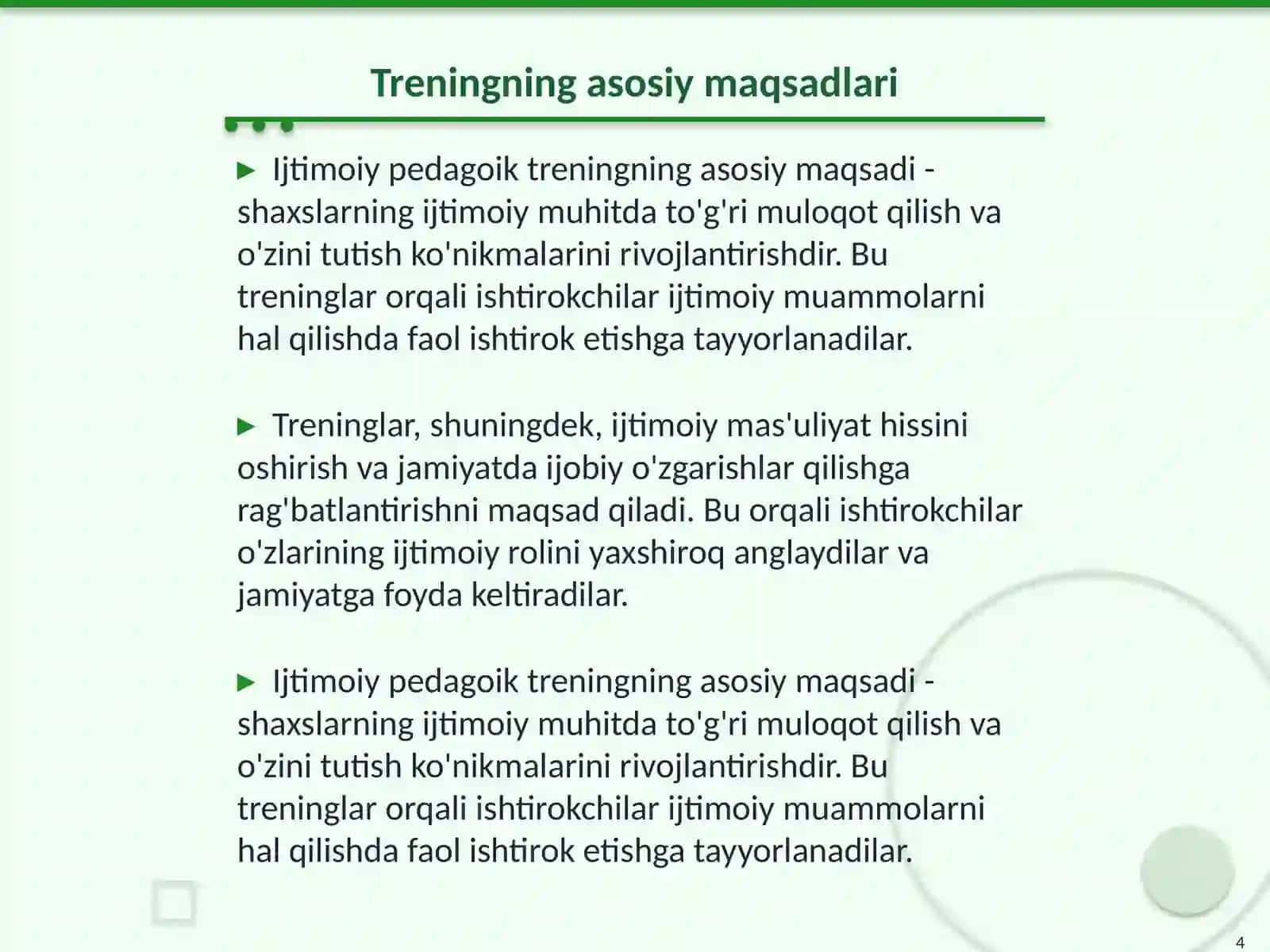 Ijtimoiy pedagoik trening: mazmuni mohiyati va qòllash tartibi 4