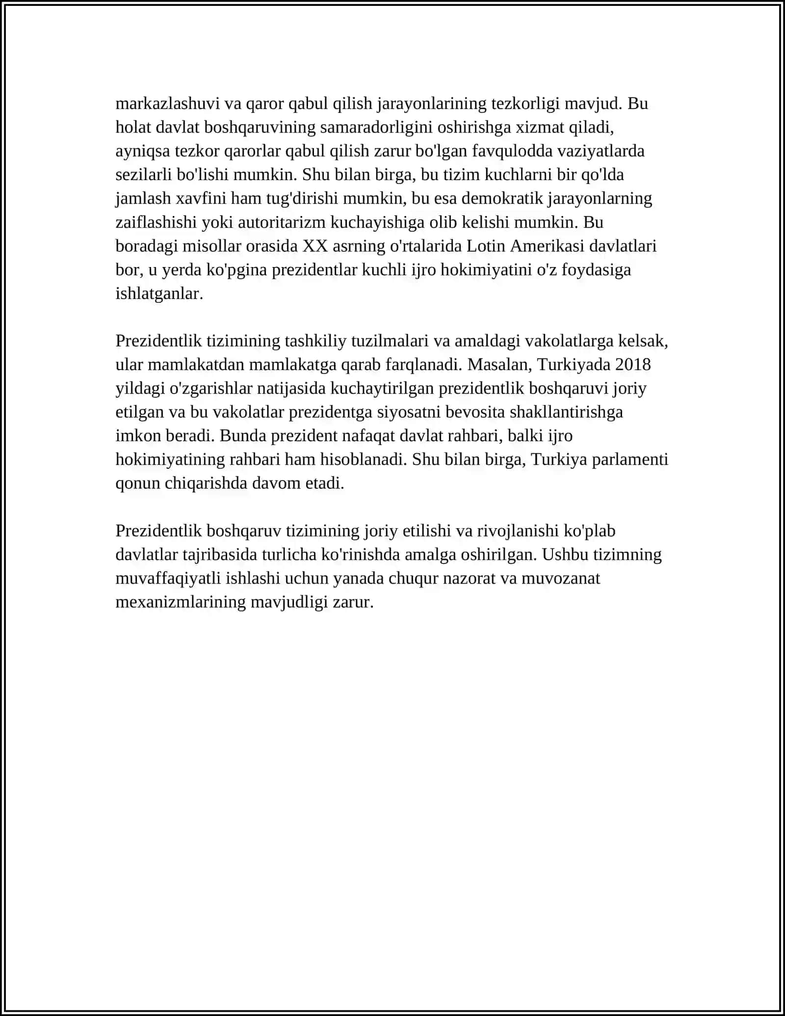 O'ZBEKISTONDA PREZIDENTLIK BOSHQARUVINING JORIY ETILISHI VA UNING SABABLARI. OʻZBEKISTON RESPUBLIKASI PREZIDENTINING KONSTITUTSIYAVIY MAQOMI 4