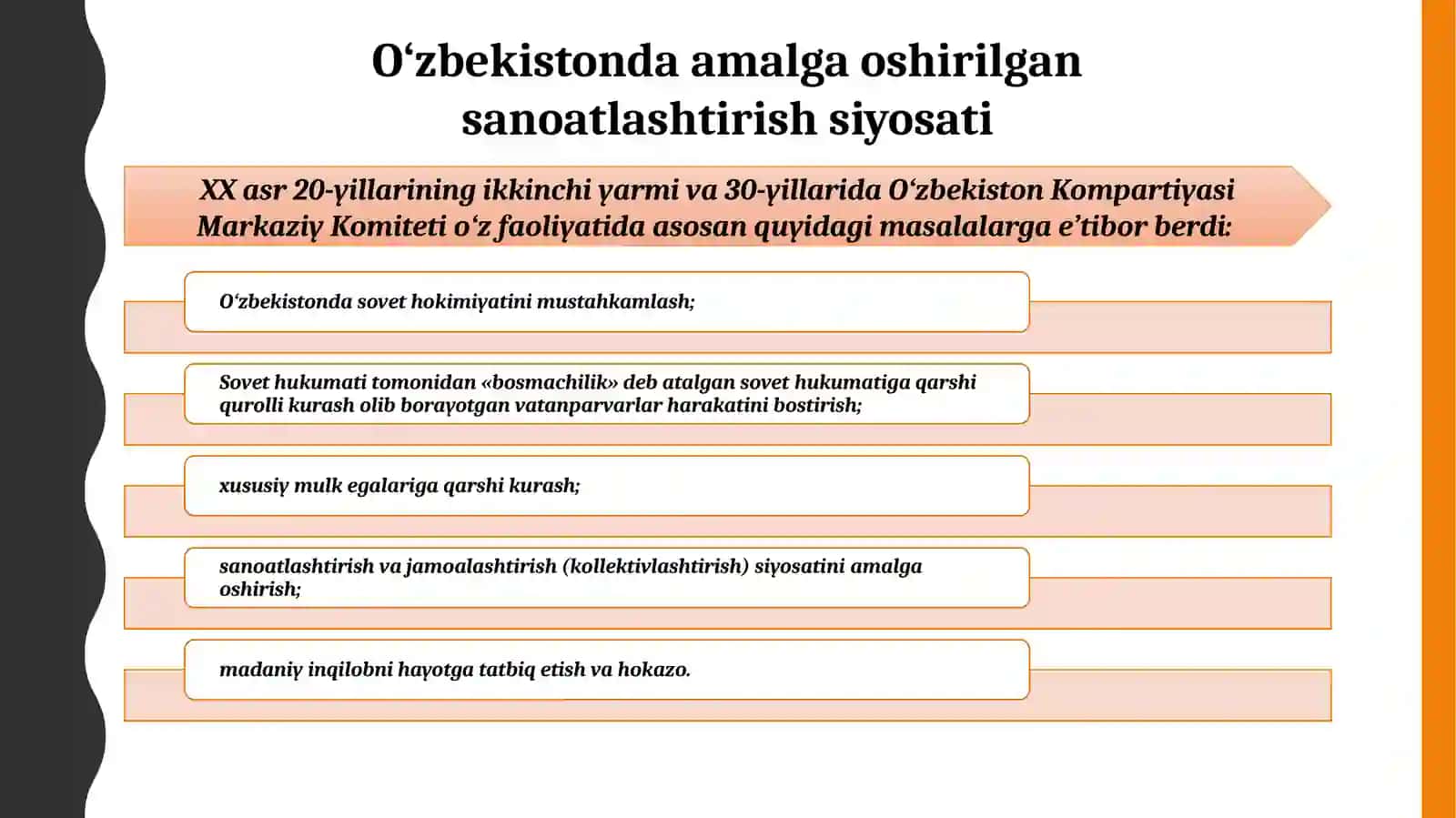 Sovet hokimiyatining Oʻzbekiston SSRdagi Sanoatlashtirish siyosati 4