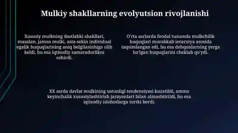 Mulkiy huquqlar nazariyasi va mulkchilik shakllarining rivojlanish evolyutsiyasi 4
