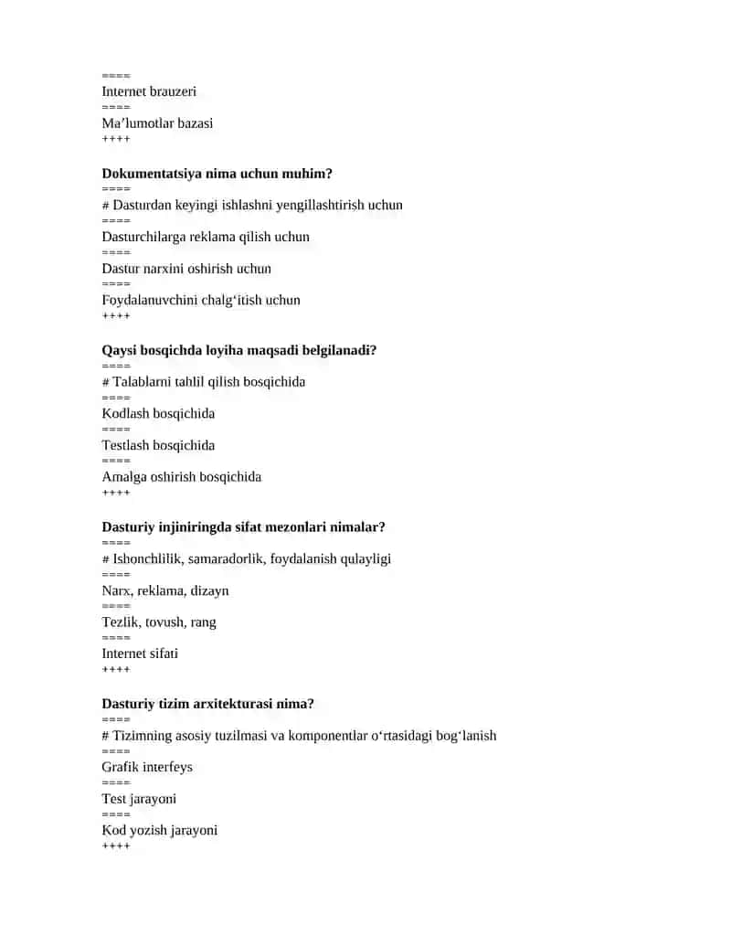 Dasturlash injiniringiga kirish fanidan test savollari 4