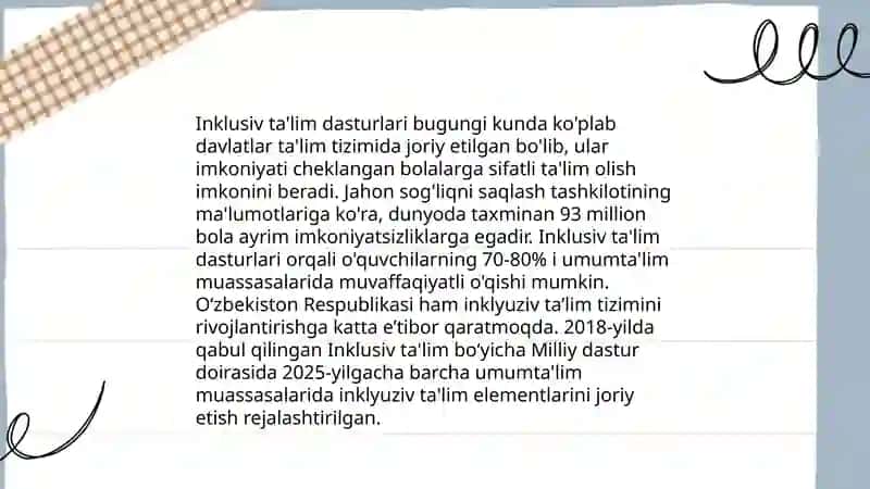 Ta'lim tashkilotlarida alohida ehtiyoji boʻlgan bolalarni ta'lim olishni qoʻllb quvatlash texnologiyalari 4