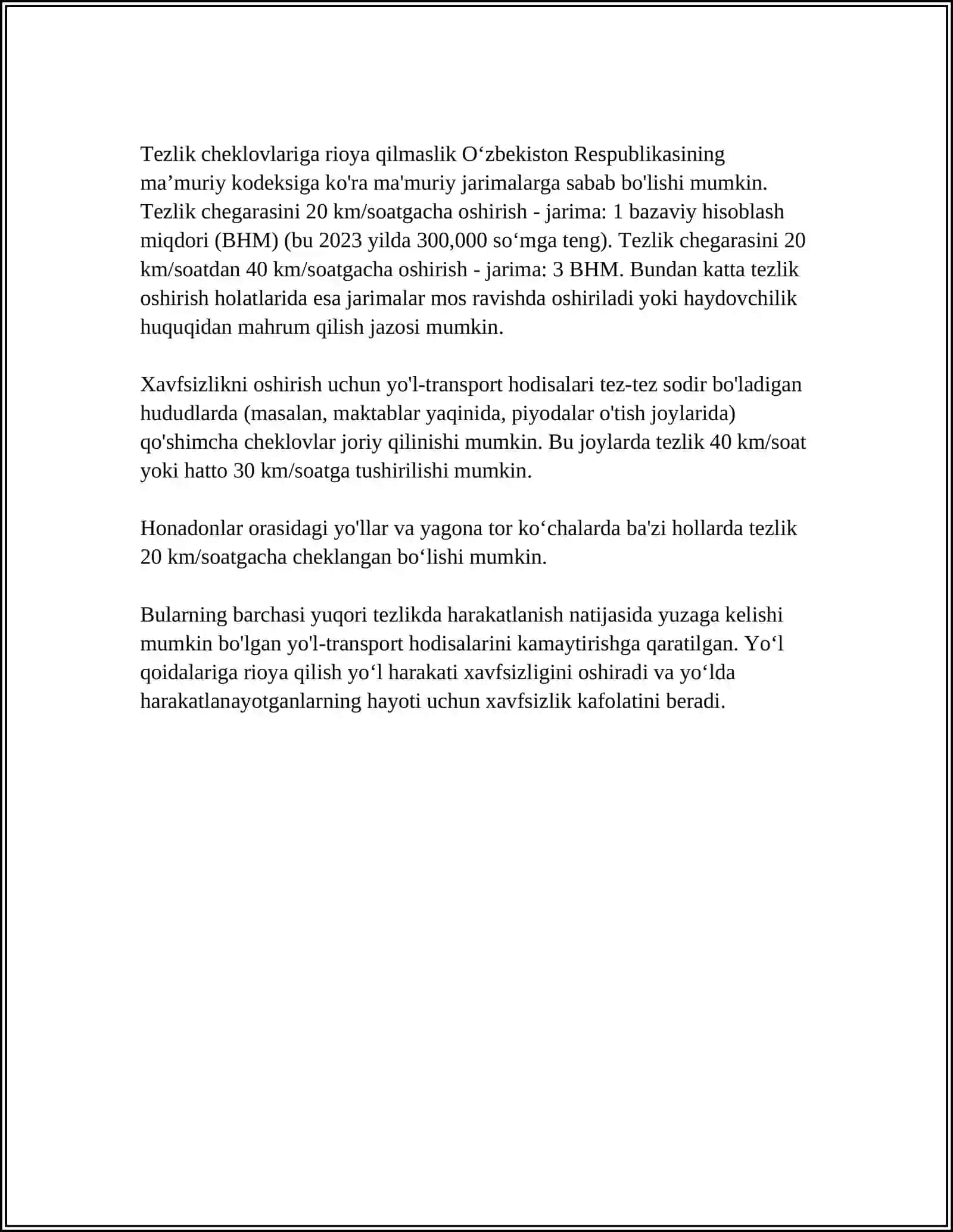 Transport Vositalarining Tezlik Cheklovlari 4