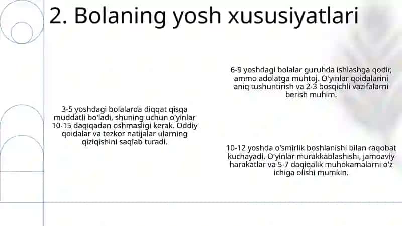 Bolaning yoshiga mos milliy va harakatli o'yinlarni tanlash mezonlari 4