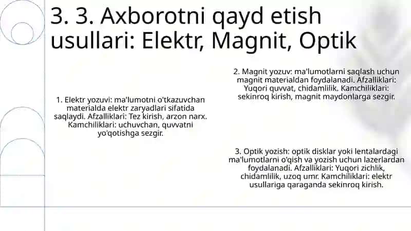 Xotira Qurilmalarining Vazifasi, Axborotni Yozib Olish, Saqlash Va Qidiruv Usullari Bo'Yicha Tasnifi 4