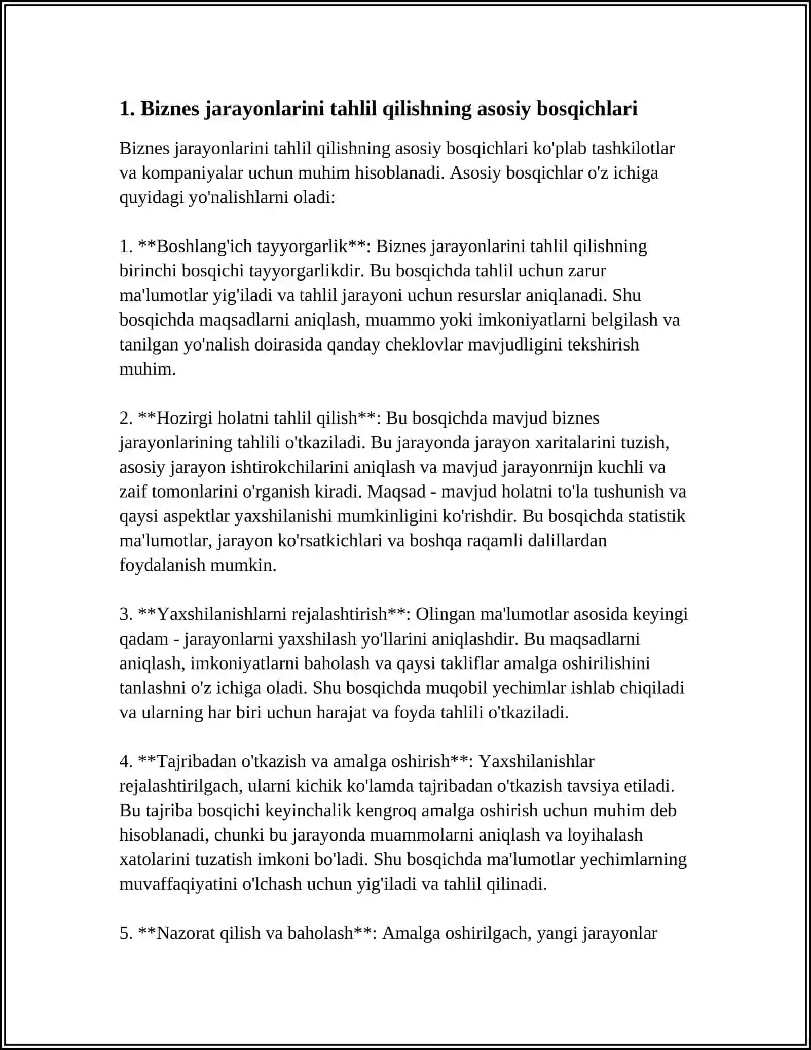 BIZNES JARAYONLARINI TATQIQ QILISHNING ASOSIY BOSQICHLARI VA ULARNING ASOSIY XUSUSIYATLARI 4