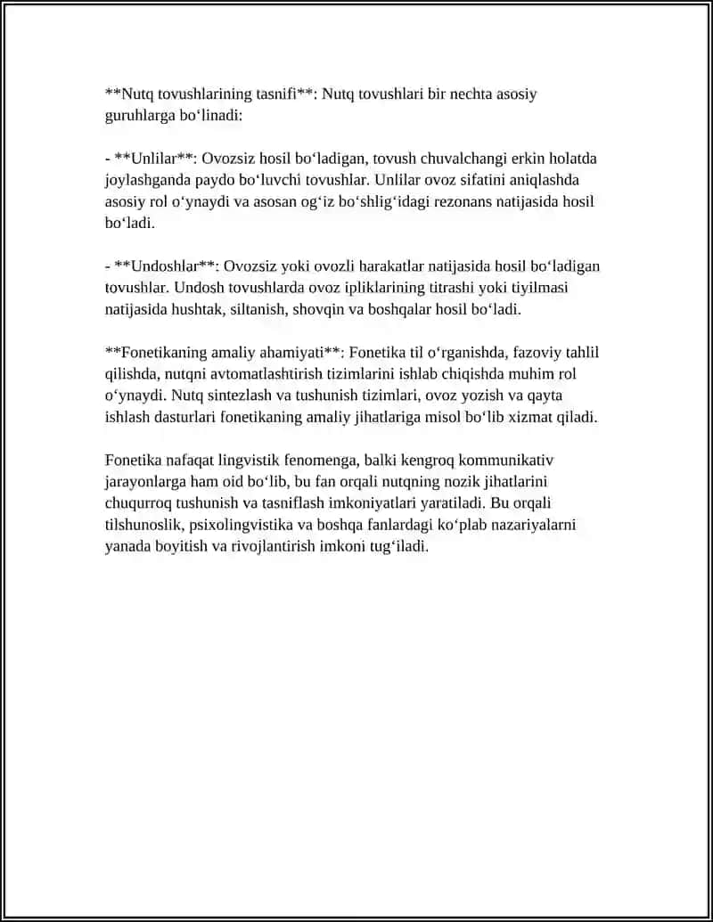 NUTQ TOVUSHLARNI O'RGANADIGAN SOHA EKANLIGI. HOZIRGI ZAMON ONA TILINING FONETIK VA FONOLOGIK TIZIMI HAQIDA MA'LUMOT 4