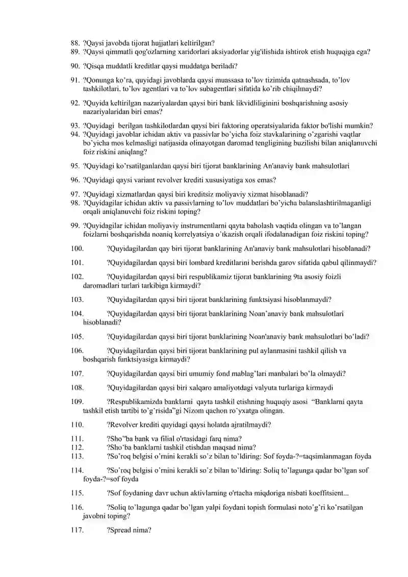BANKING Test Savollari 4