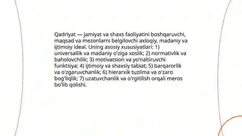 Qadriyat tushunchasining ma'nosi va umumiy tavsifi Abdullayeva Yulduz 4
