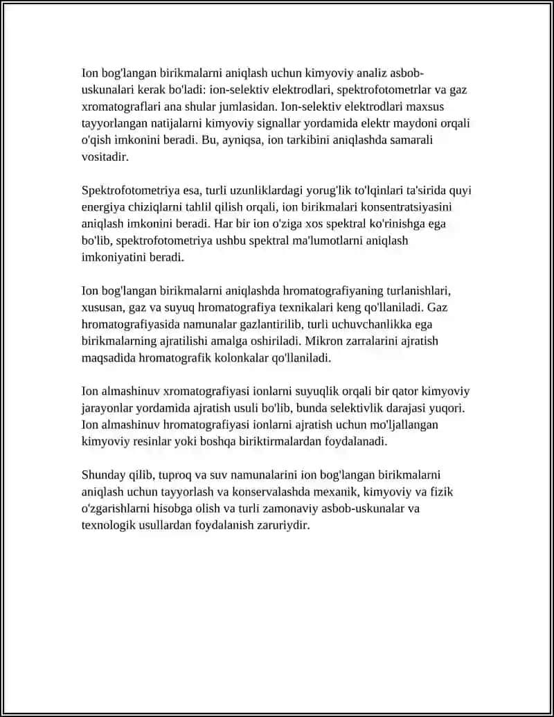 Tuproq va Suvning ifloslanishida Ion Bog'lanishli Birikmalarni Aniqlash Usulini Ishlab Chiqish 4