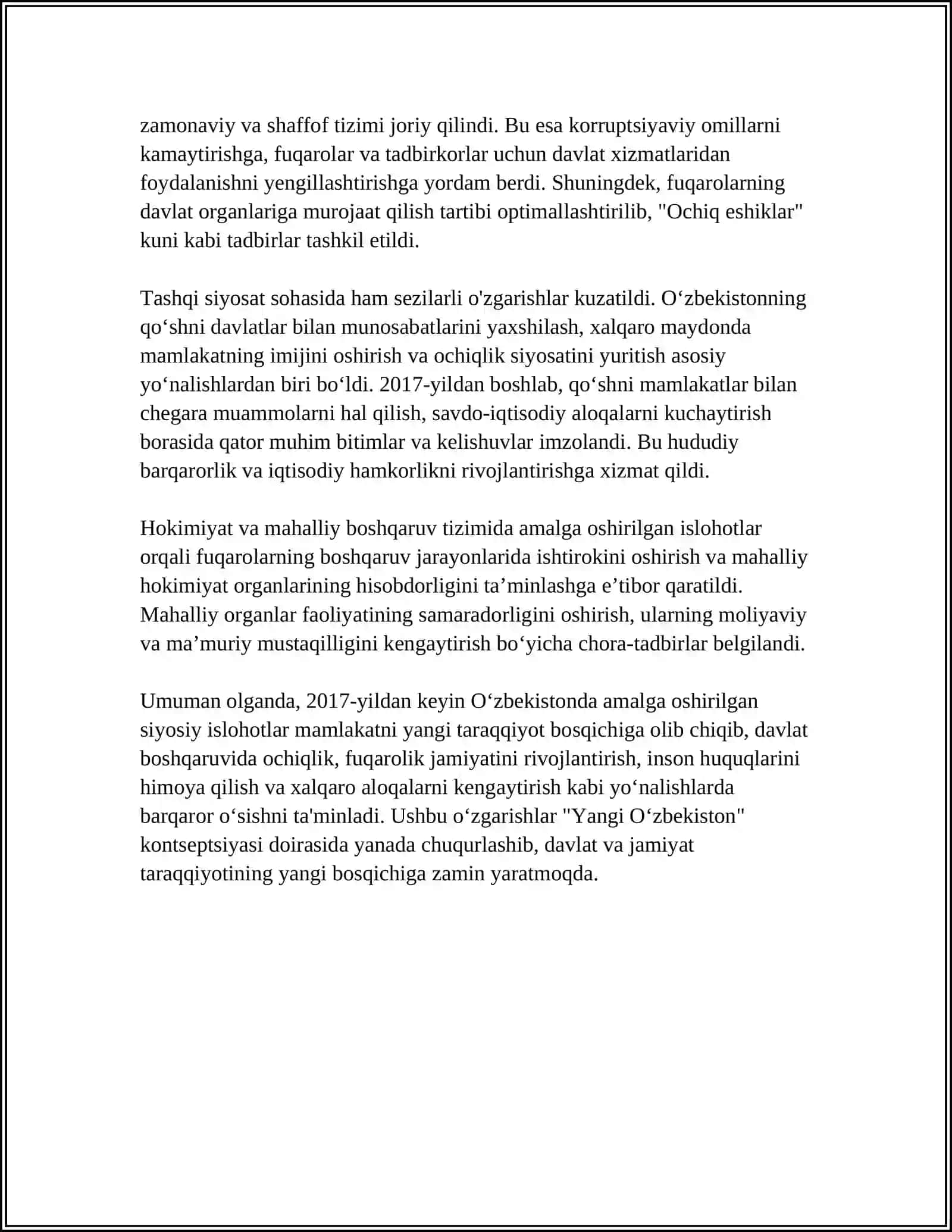 O‘ZBEKISTONDA 2017-YILDAN KEYINGI ISLOHOTLAR VA “YANGI OʻZBEKISTON” TARAQQIYOT BOSQICHI 4