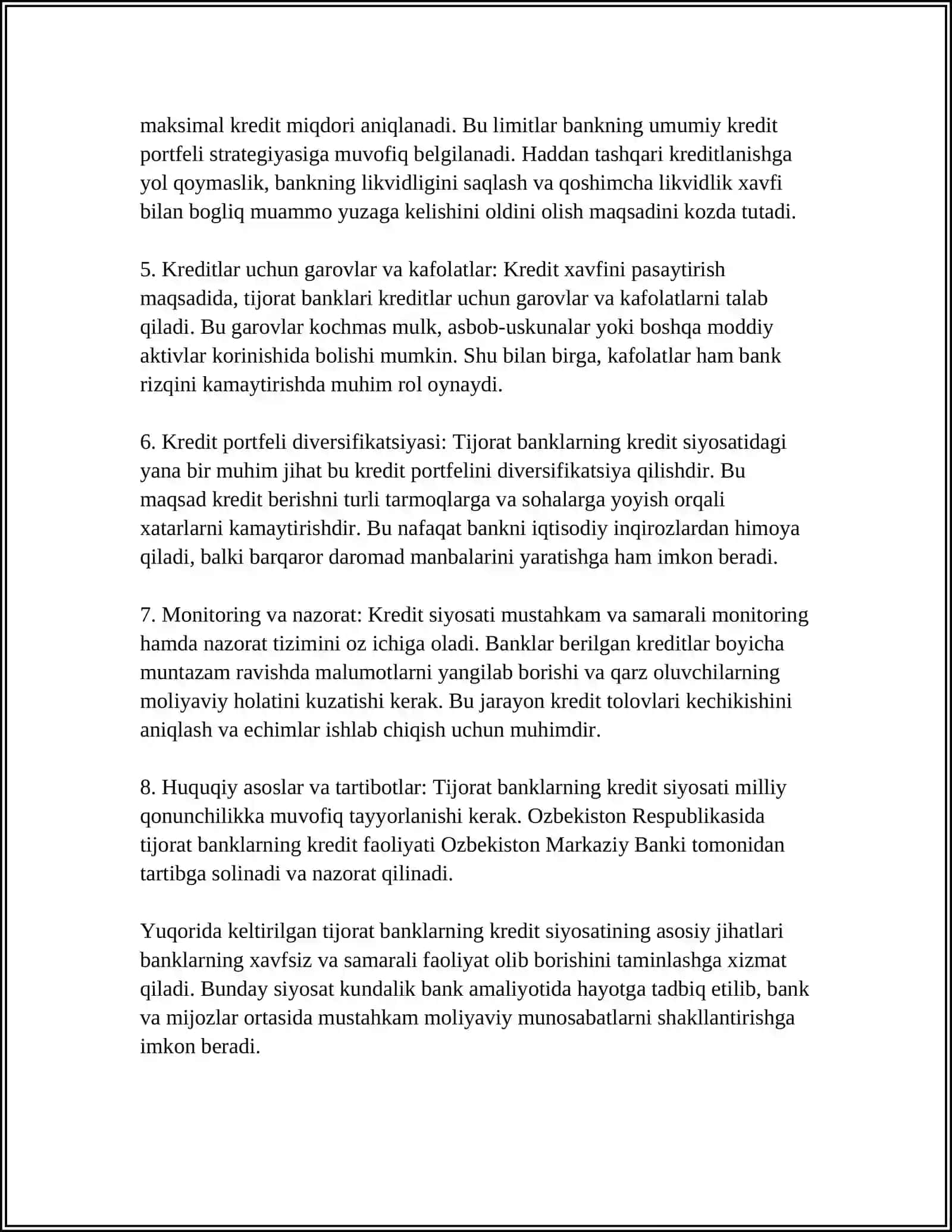 KREDITNI LAYOQATLILIKNI BAHOLASHDA TIJORAT BANKLARINING KREDIT SIYOSATINING O'ZIGA XOS XUSUSIYATLARI 4