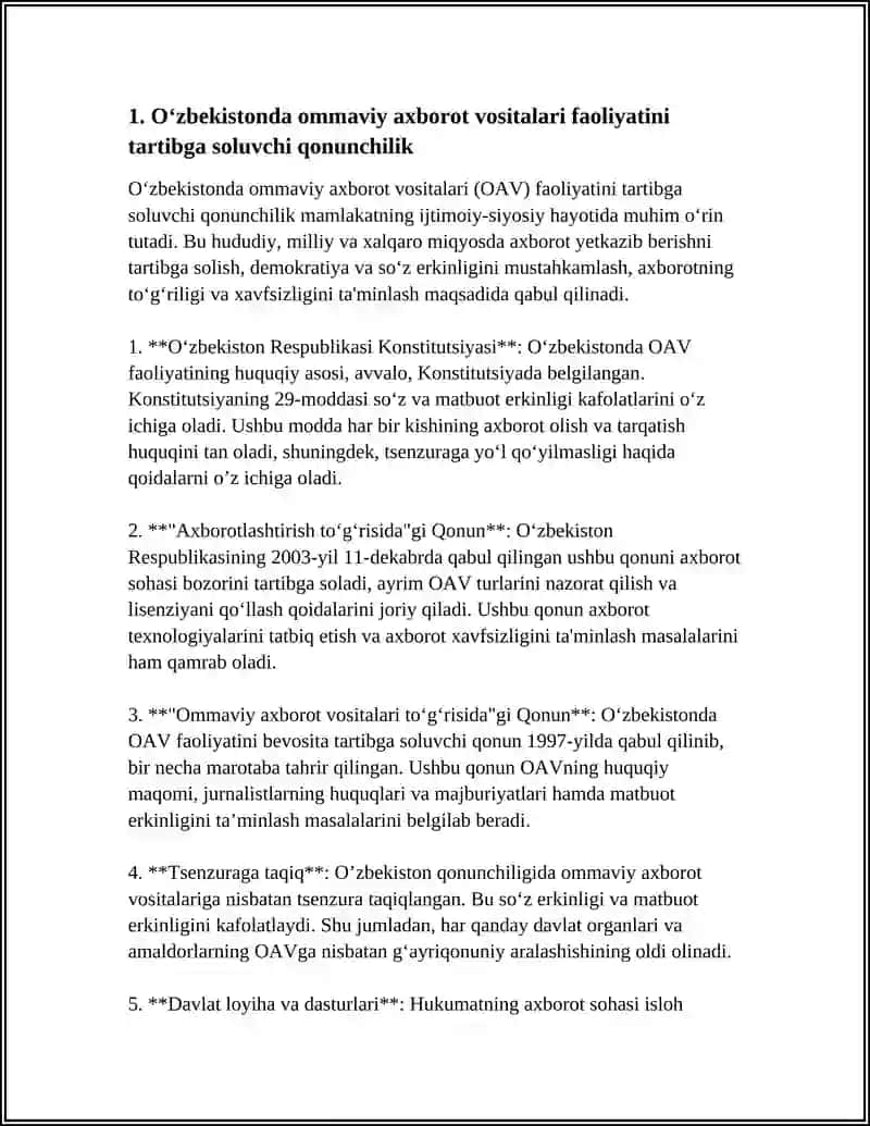 O‘ZBEKISTON RESPUBLIKASIDA OMMAVIY AXBOROT VOSITALARINING FAOLIYATI 4