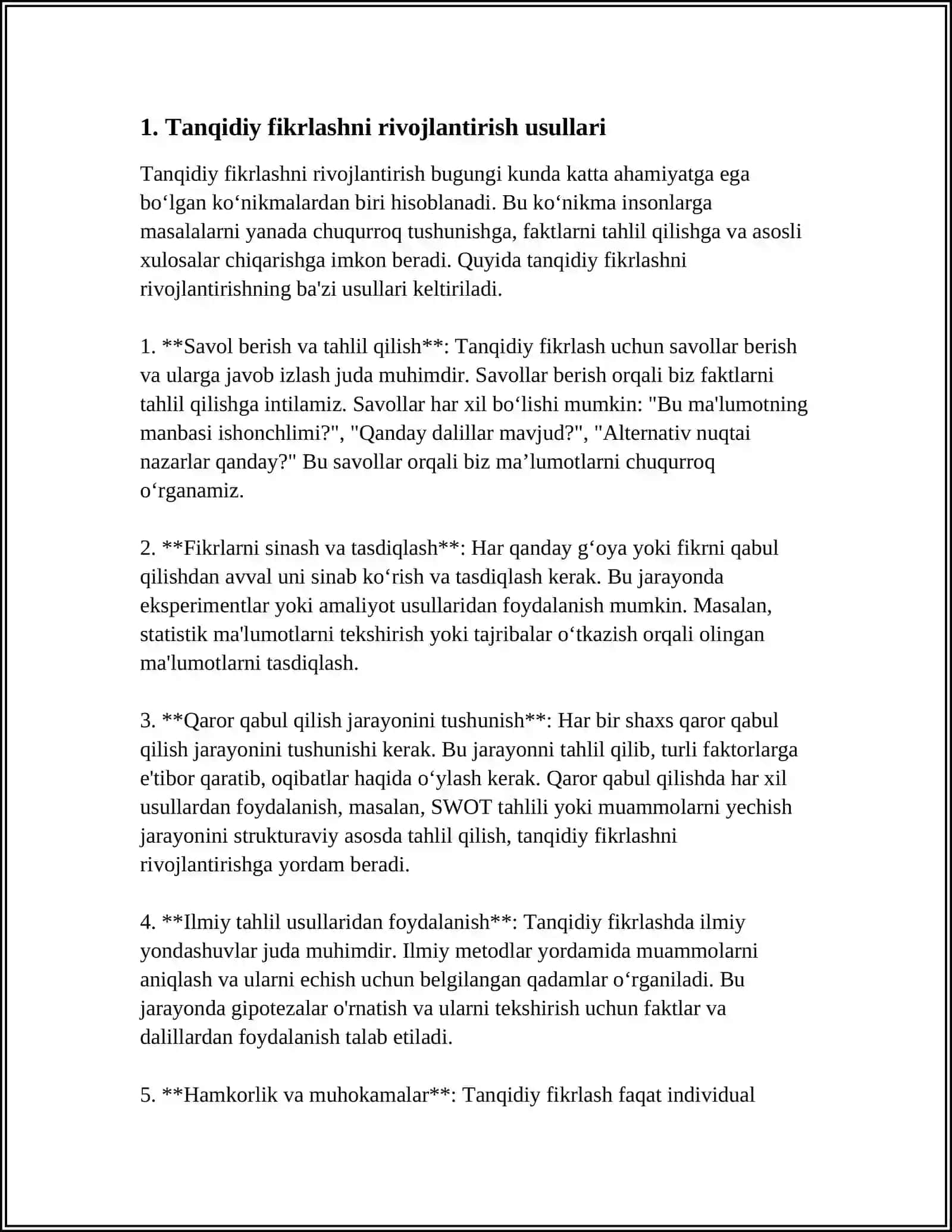 OʻQITUVCHILARDA TANQIDIY FIKRLASH,IJODKORLIK,MULOQOT VA HAMKORLIK KOʻNIKMALARINI RIVOJLANTIRISHDA "4K" MODELI 4