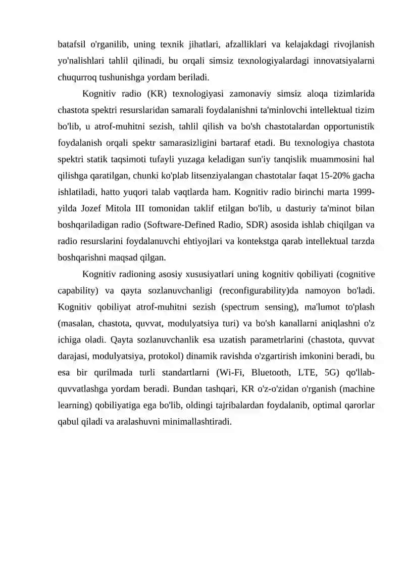Kognetiv radio xususiyatlari . Kognitiv radio (KR) texnologiyasi 4