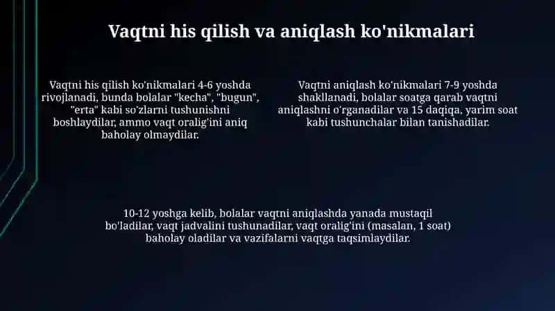 Bolalarda vaqt tushunchasini shakllantirish bosqichlari 4