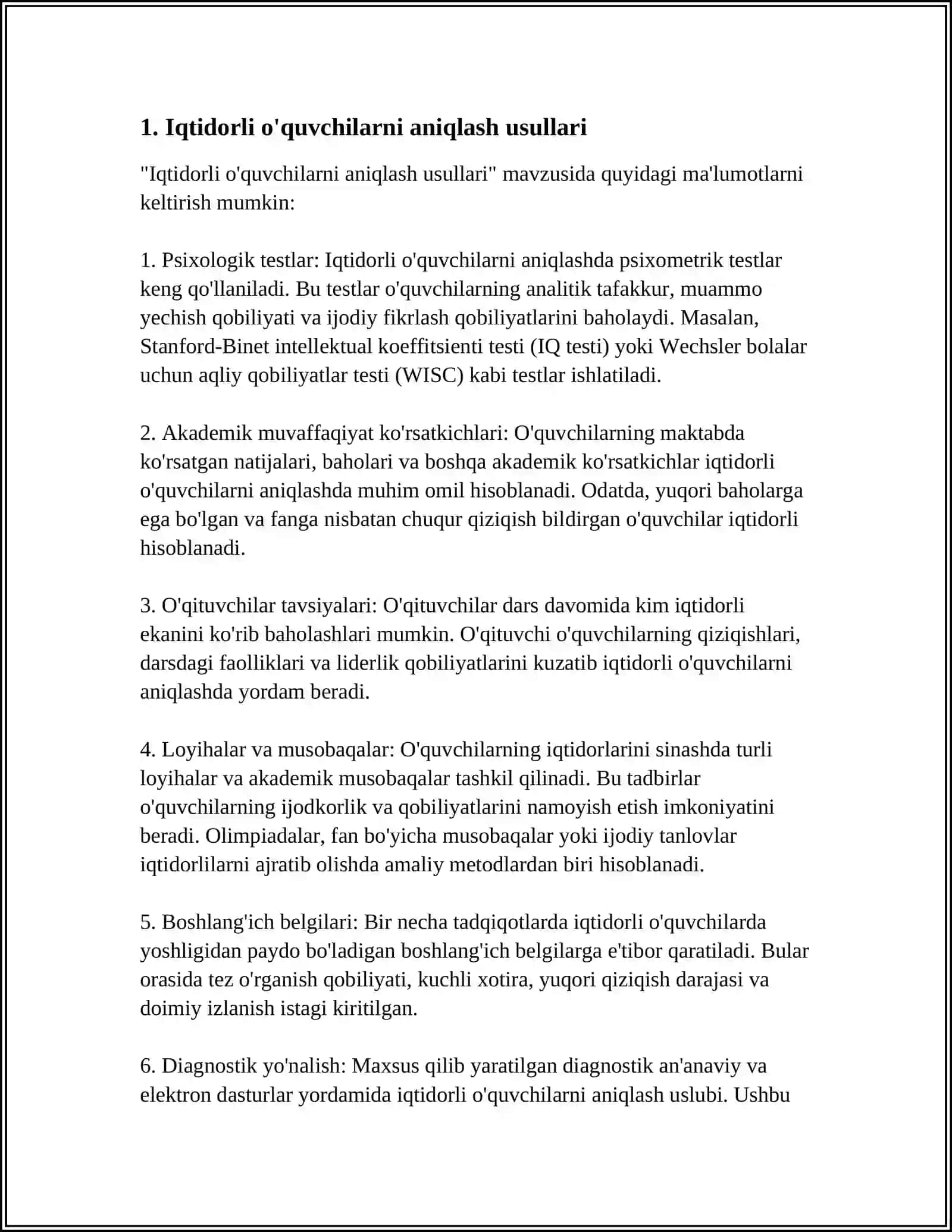 TA'LIM OLGANLIKNI TASHXIS ETISH. IQTIDORLI O'QUVCHILARNI O'GITISH 4