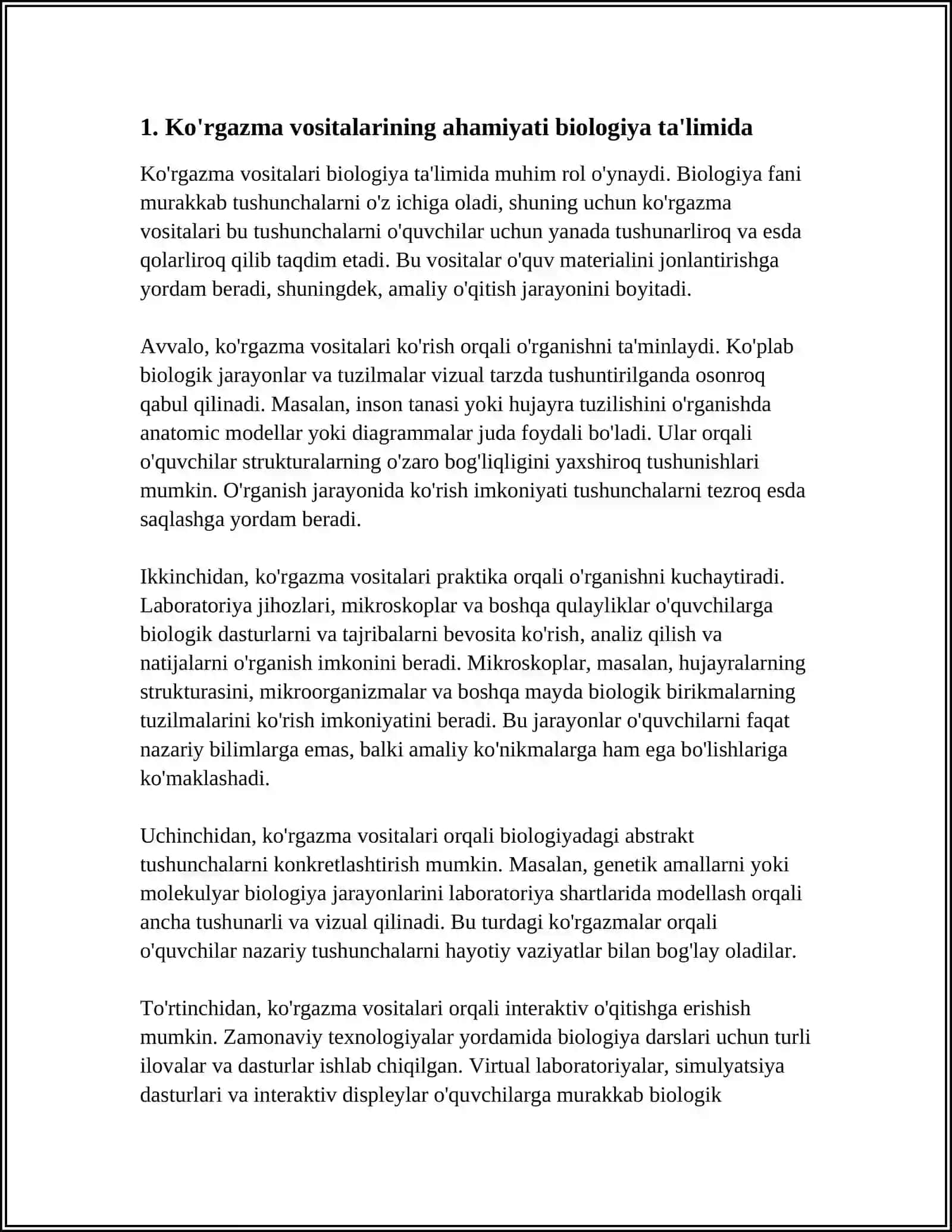 REFERAT BIOLOGIYANI O'QITISHDA FOYDALANILADIGAN KO'RGAZMA VOSITALARINING TURLARI VA ULARNI DARSLARDA UYG'UNLASHTIRISH MUAMMOLARI 4