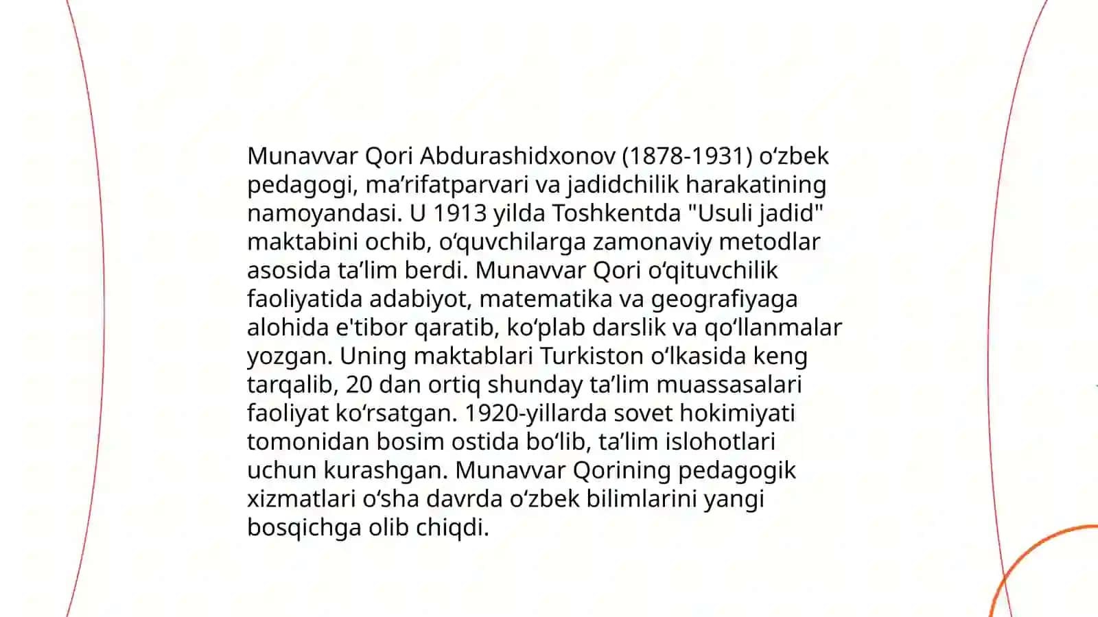 Jadid ma'rifatparvarlarining o'lka ijtimoiy ma'naviy hayotida tutgan o'rni( Munavvar Qori, Fitrat, Behbudiy, Avloniy) Jumaniyozova Charos 4