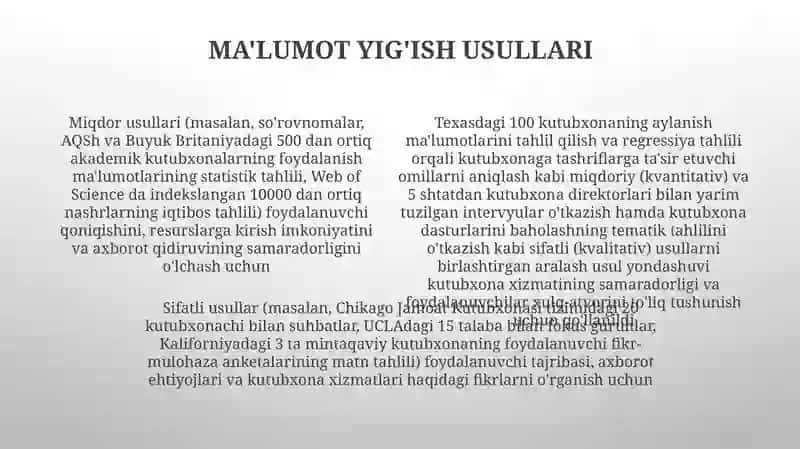 Kutubxonashunoslik fanining ilmiy usullari va kutubxonashunoslik tadqiqotlarini tashkil etish 4