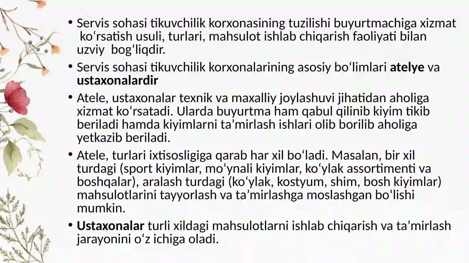 Servis sohasi tikuvchilik korxonalarining tavsifi 4