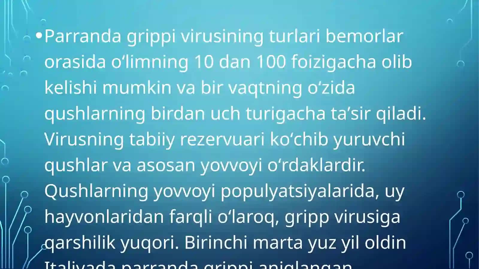 Parranda va cho‘chqa grippivurusiva ularning hozirgi kundagi muammolarini keltirib chiqaruvchi kasalliklari 4