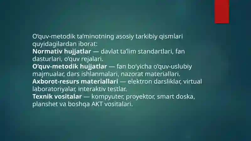 O’quv-metodik ta’minotga oid materiallar bilan tanishish 4