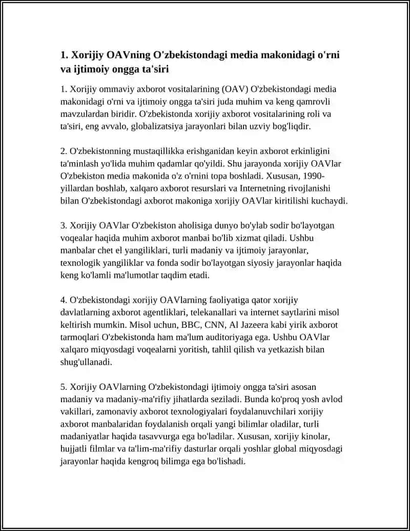 XORIJIY OAVNING MEDIA MAKONIDAGI ÕRNI MAVZUSI HAQIDA 10 BET MUSTAQIL ISH 4