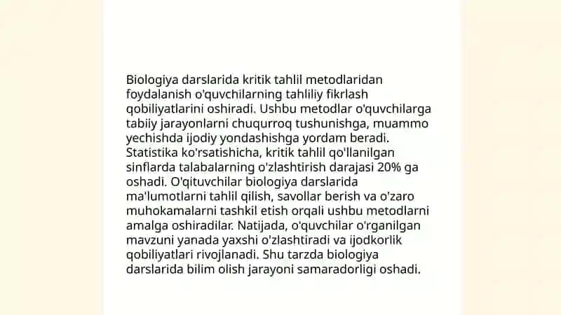 Biologiyani o‘qitishda o‘quvchilarning tahliliy-tanqidiy va mantiqiy fikr yuritish ko‘nikmalarini tarkib toptirish yo‘llari 4