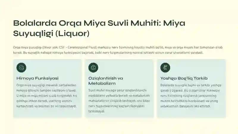 Bolalarda orqa miya anatomo-fiziologik hususiyatlari. Orqa miya suyuqligining bola yoshiga mansub tarkibi 4