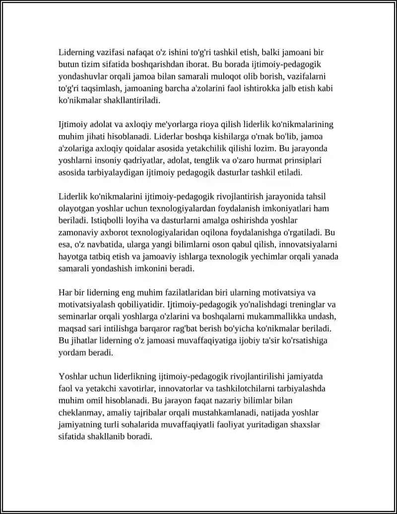 LIDER VA TASHKILOTCHI YOSHLARNI IJTIMOIY PEDAGOGIK QO'LLAB QUVVATLASH 4