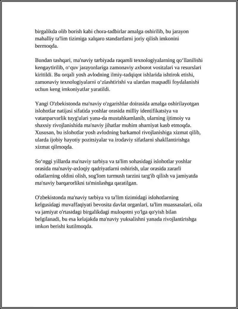 YANGI O'ZBEKISTONDA AMALGA OSHIRILAYOTGAN MA'NAVIY O'ZGARISHLAR 4