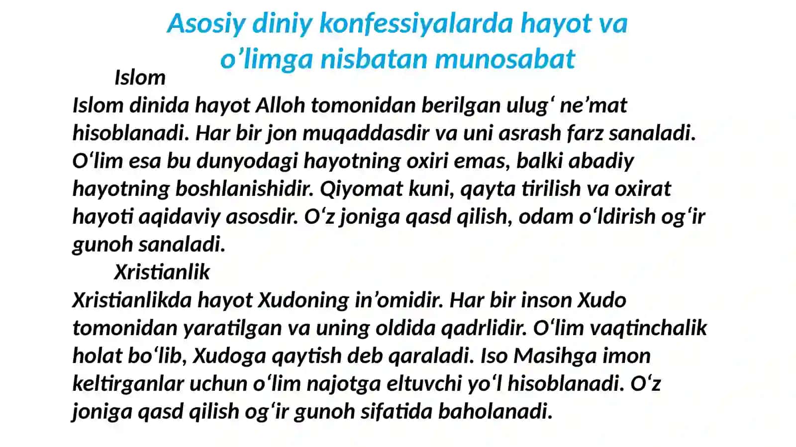 Asosiy diniy konfessiyalarda hayot va oʼlimga nisbatan munosabat 4