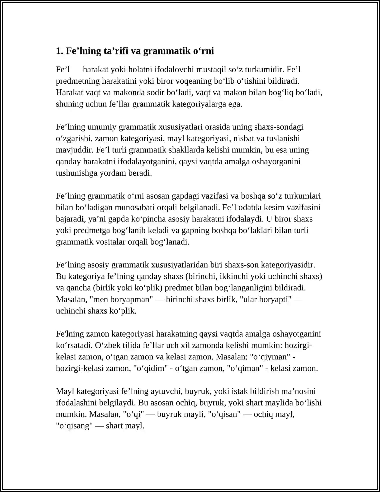 FE'L. FE'LNING GRAMMATIK XUSUSIYATLARI. BO'LISHLI VA BO'LISHSIZ FE'LLAR, BO'LISHSIZLIK FE'LINING MA'NOSI 4