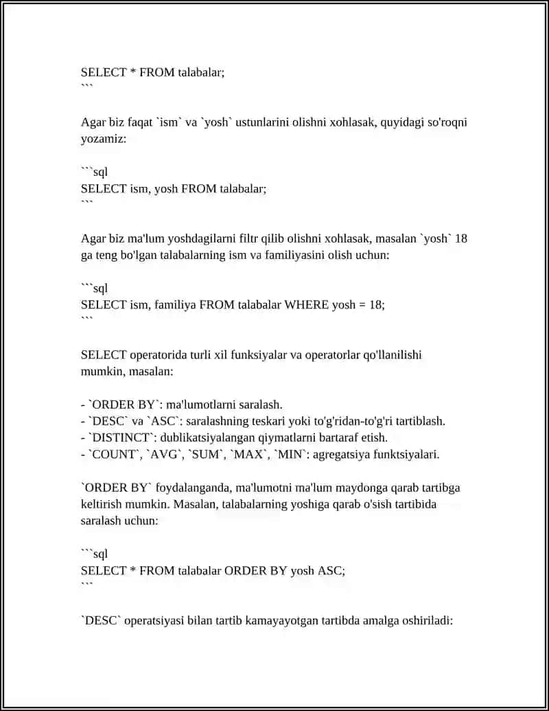 SQL--SO'ROVLAR YARATISH 4