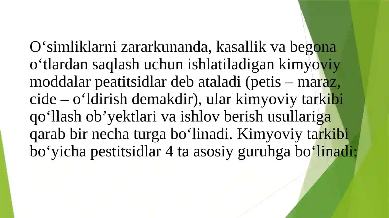 PESTITSIDLAR BILAN ISHLASHNI TASHKIL ETISH VA TEXNIKA XAVFSIZLIGI 4