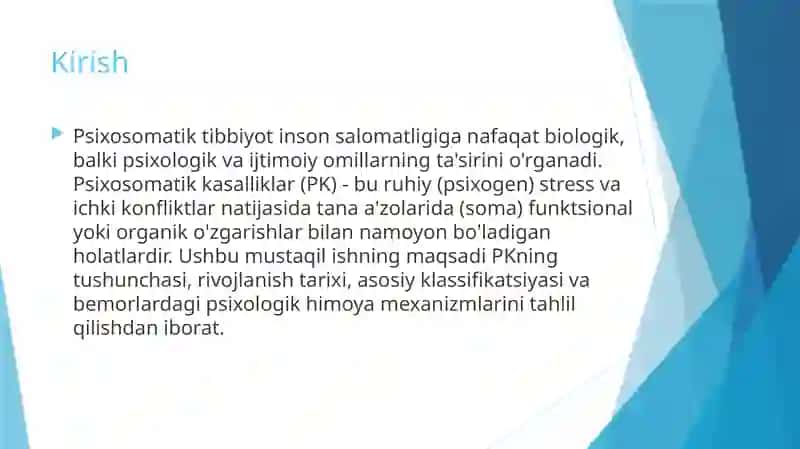 Psixosomatik kasalliklarning klassifikatsiyasi. Psixosomatik kasalliklarning rivojlanish tarixi. Psixosomatik kasalliklari bilan kasallangan bemorlarning psixologik himoya mexanizmlari 4