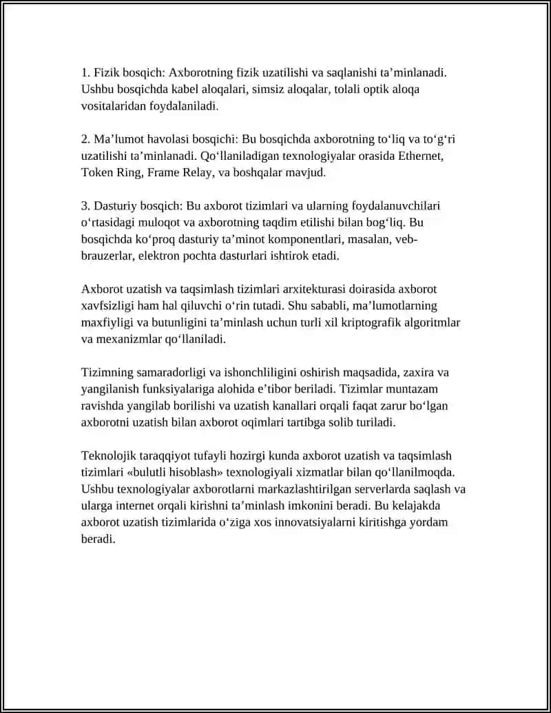 AXBOROT UZATISH VA TAQSIMLASH TIZIMI ARXITEKTURASI 4