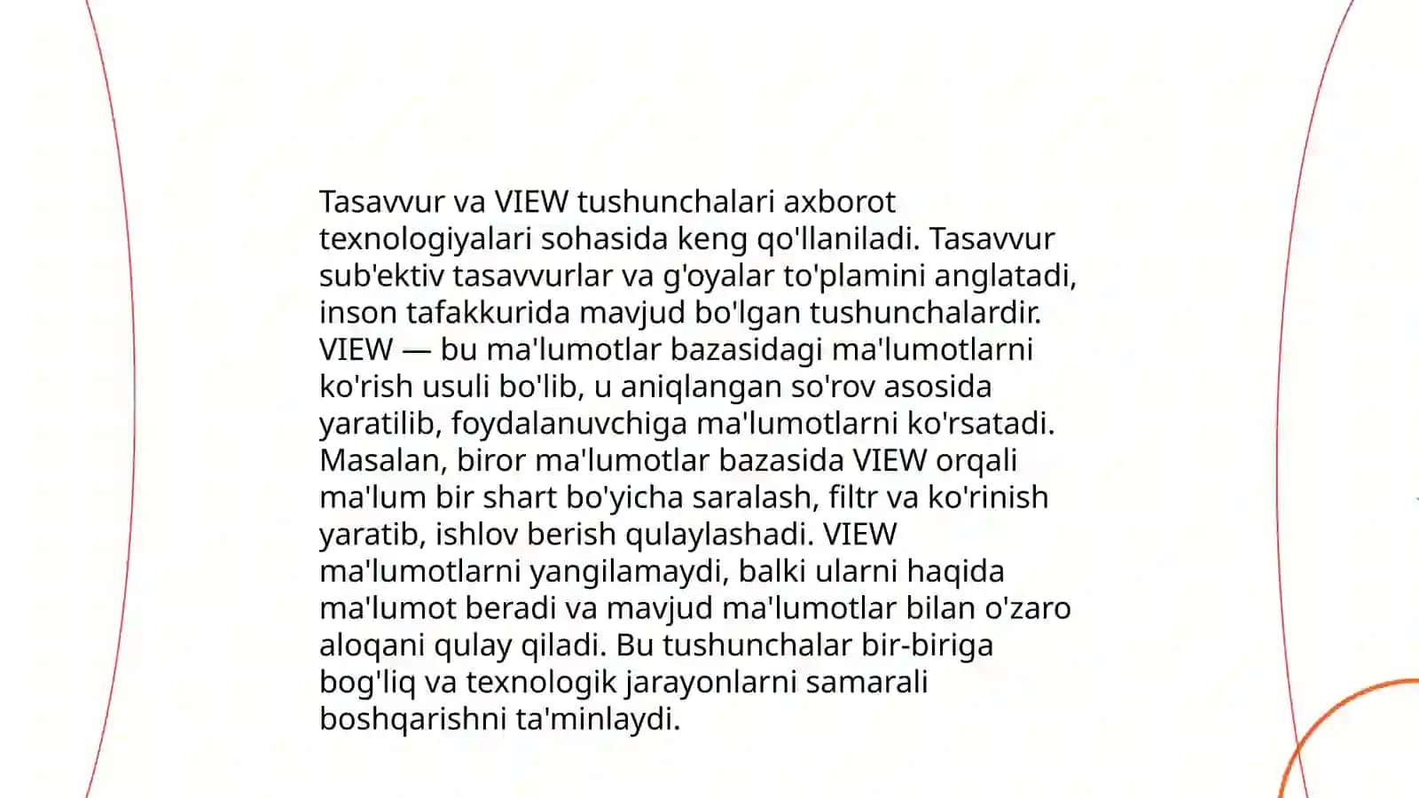 Ma’lumotlar bazasiga so’rovlar yaratish. Tasavvur, VIEW yaratish va undan foydalanish 4