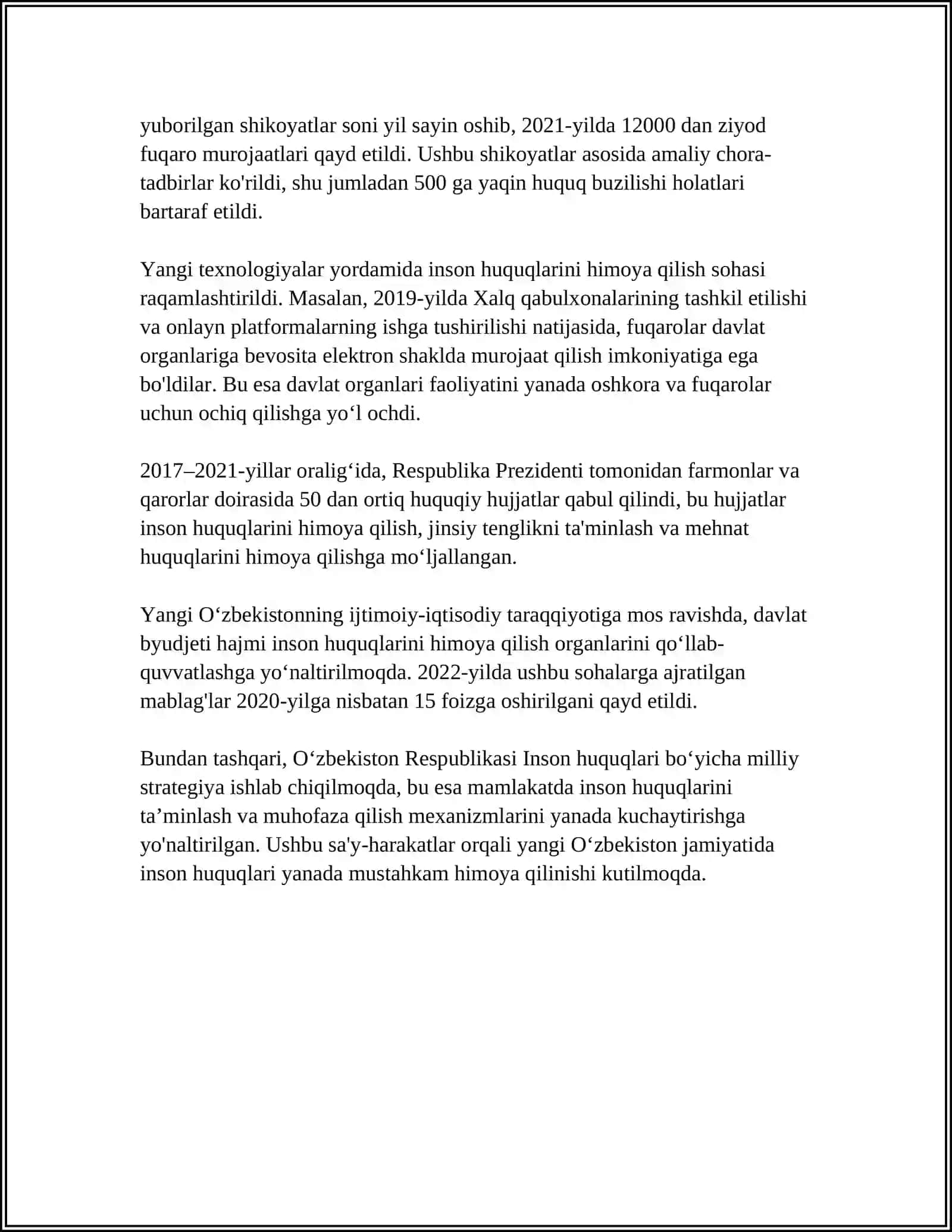 YANGI O'ZBEKISTONDA INSON HAQ-HUQUQLARI VA ERKINLIKLARI KAFOLATINING YARATILISHI 4