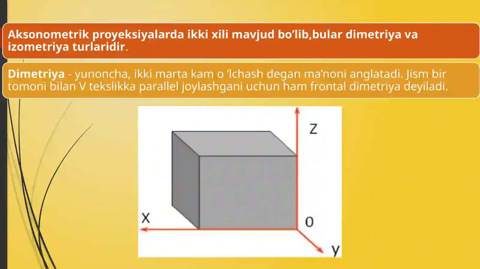 AKSONOMETRIK PROYEKSIYALAR HAQIDA UMUMIY MA’LUMOT VA O‘QLARINING JOYLASHISHI 4
