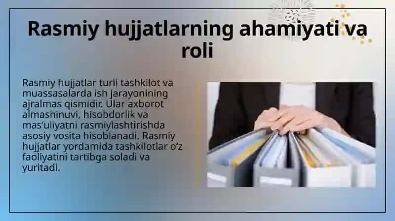 Tushuntirish xati, bildirishnoma va xizmat xatini yozish. Ishonchnoma, tibbiy ma'lumotnoma va boshqa hujjatlarni  rasmiylashtirish 4