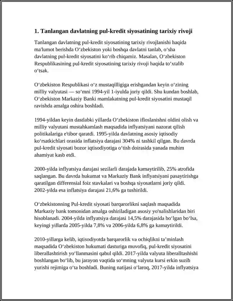 DAVLAT (INDIVIDUAL TANLANGAN)NING PUL KREDIT VA MONETAR SIYOSATI BO'YICHA TAHLILI 4