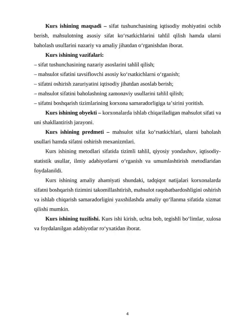Sifat tushunchasi va uni oshirish zaruriyati hamda mahsulotning sifat ko’rsatkichlari va ularni baholash usullari 4