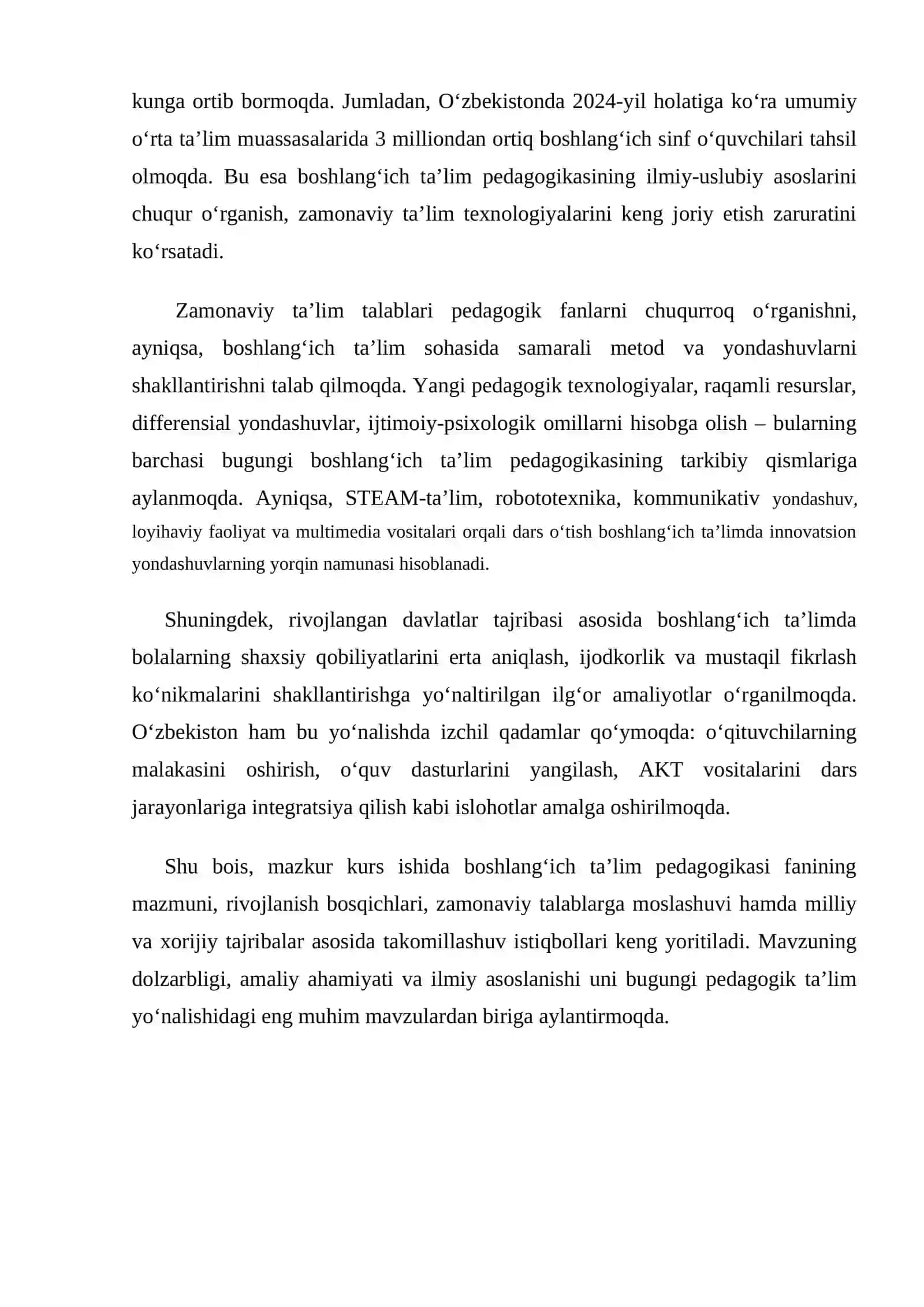 Boshlang'ich ta'lim pedagogikasi fanining mazmuni va uning zamonaviyligi 4