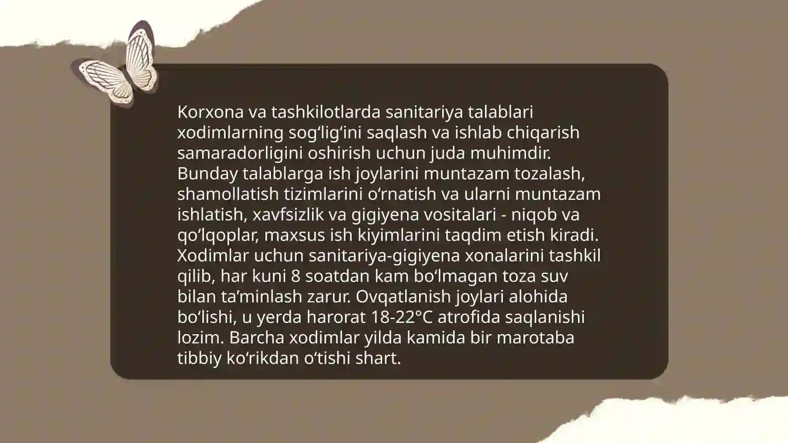 Korxona va tashkilotlarda sanitariya va mexnat gigienasi asoslari Ishlab chiqarishda odam organizmiga xavfli va zararli omillarni ta'siri 4