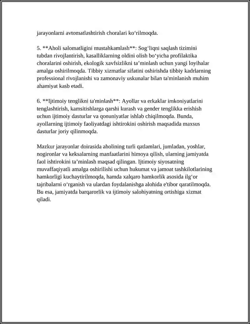 O'ZBEKISTONDA IJTIMOIY SOHADA AMALGA OSHIRILAYOTGAN O'ZGARISHLAR MAZMUN VA MOHIYATI 4