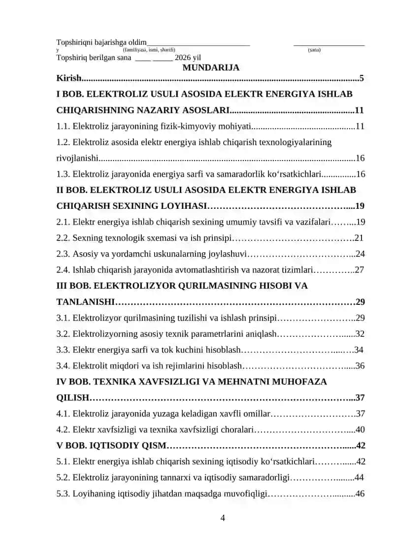 Eloktroliz usuli asosida elektr energiya ishlab chiqarish sexining loyihasi va elektrolizyor qurulmasi hisobi 4